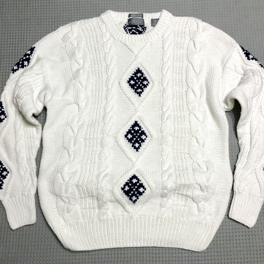VTG Lord & Taylor Men’s L Hand Cable Knit Crewneck Fisherman Sweater White Blue